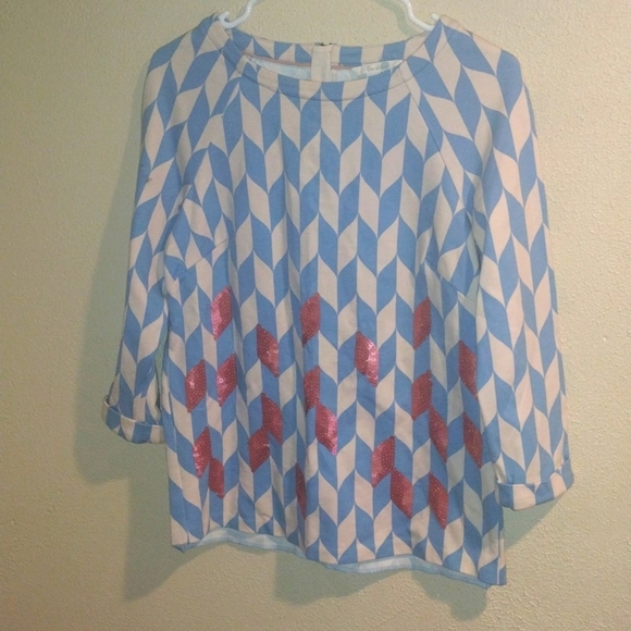 Boden Geometric Blue Beige Pink Sequin Detail Back Zip Cotton Blend 3/4 … - Picture 1 of 7